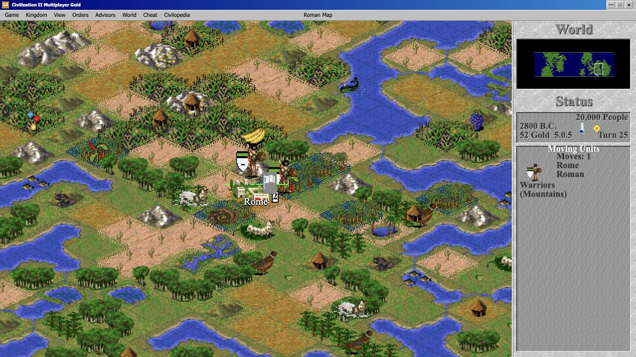 Gameplay view showing the city of Rome and three Roman warrior units on the map