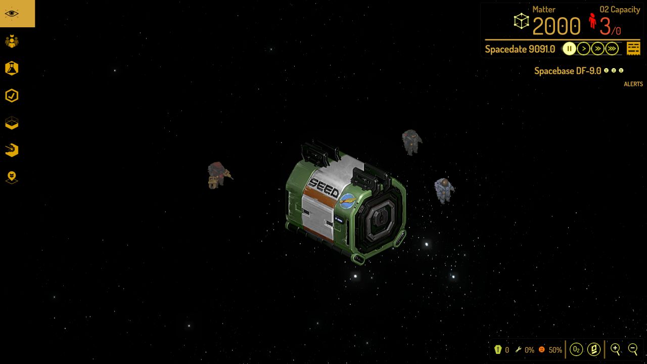 Live browser gameplay showing the starting station pod, three citizens, and the Spacebase DF-9 HUD